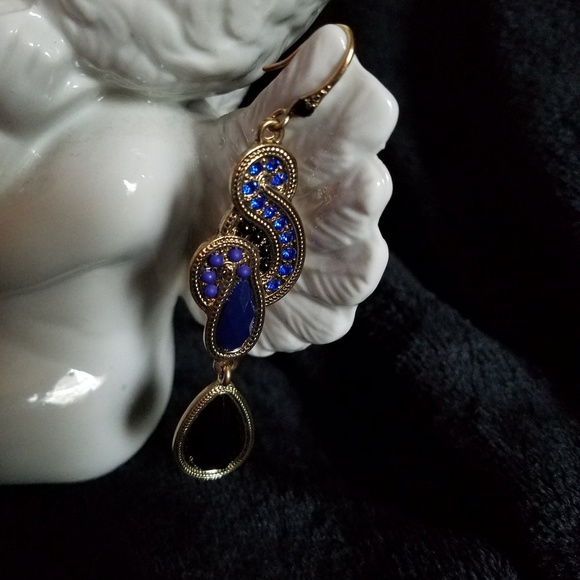 Blue, Black and Gold dangle earrings - Picture 4 of 5